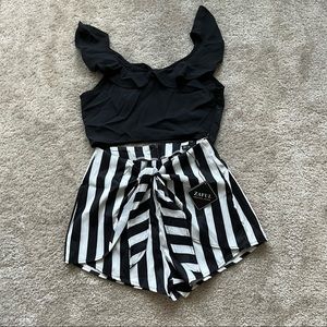 Zaful - Black & White Striped Set - Shorts and Crop Top